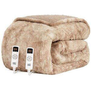 Queen Electric Heated Blanket Faux Fur Sherpa Dual Control 9 Heat Camel